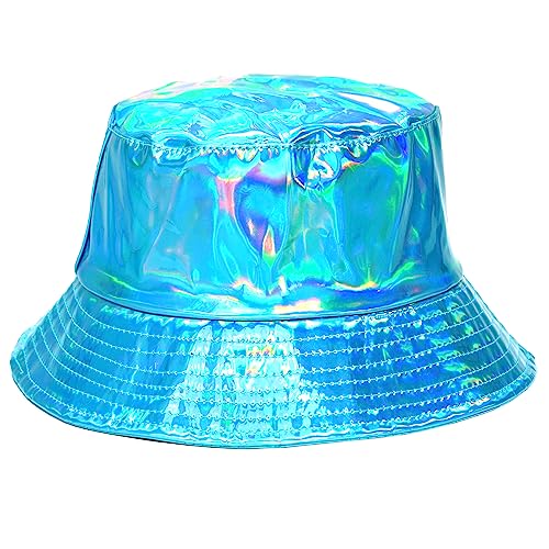 Rave Bucket Hat for Women & Men - Cute Bucket Hats - Festival Hat Adjustable 50+ SPF Protection Rave Accessories - color: Holographic Blue
