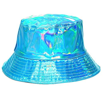 Rave Bucket Hat for Women & Men - Cute Bucket Hats - Festival Hat Adjustable 50+ SPF Protection Rave Accessories - color: Holographic Blue