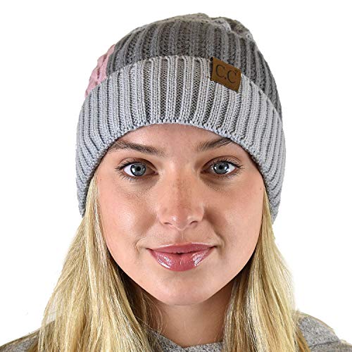 C.C Winter Warm Multi Knit Tricolor Skull Cap Cuff Beanie - color: Rose/Light Melange Gray