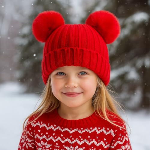 Toddler Winter Knit Hat Upgrade Fleece Lined Pompom Ears Beanies Cap for Boys Girls 3-12 Years - color: Red