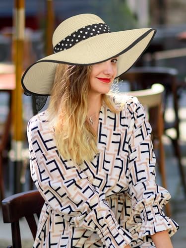 Sun Beach Straw Hats for Women, Summer Wide Brim Hat - color: Beige Black, size: Large