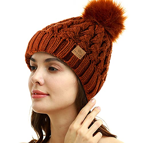 PAGE ONE Womens Winter Ribbed Beanie Crossed Cap Chunky Cable Knit Pompom Soft Warm Hat - color: Brown