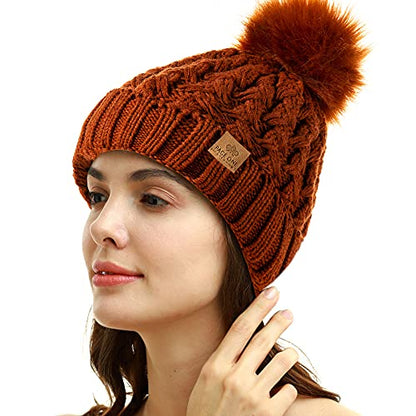 PAGE ONE Womens Winter Ribbed Beanie Crossed Cap Chunky Cable Knit Pompom Soft Warm Hat - color: Brown