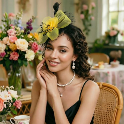 DRESHOW Fascinators Hat Flower Mesh Ribbons Feathers on a Headband and a Clip Tea Party Headwear for Girls and Women - color: 7" Diameter / Black & Yellow