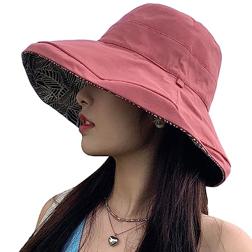 HUAMULAN Wide Brim Women Summer Sun Floppy Hat Reversible Beach Bucket Hat - color: M2246-jiuhong