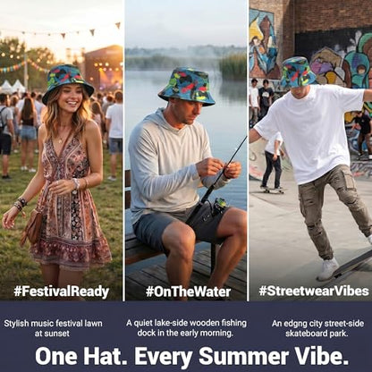 ZLYC Printed Bucket Hat for Women Men Packable Summer Sun Hat for Beach - color: Gamer Print Navy