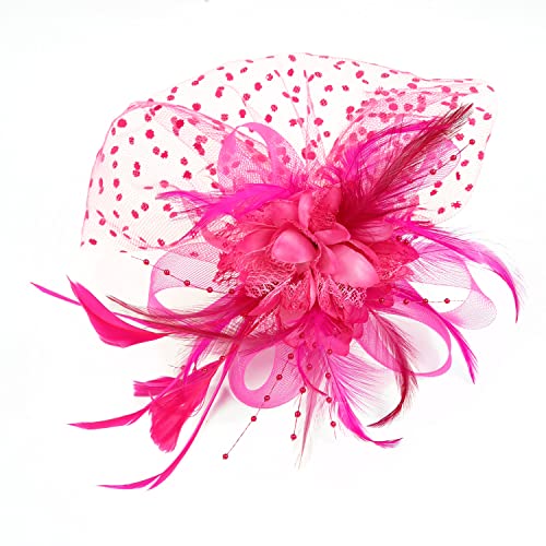 Fascinators Hat Feather Headband Women's Fascinators Tea Party Headwear with Clip Derby Hat for Girls and Women - color: 1 Rose Red