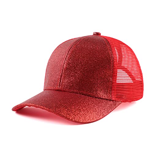 Zsedrut Girls Glitter Baseball Cap Kids Adjustable Ponytail Hat Toddler Summer Mesh Trucker Hats - color: Red