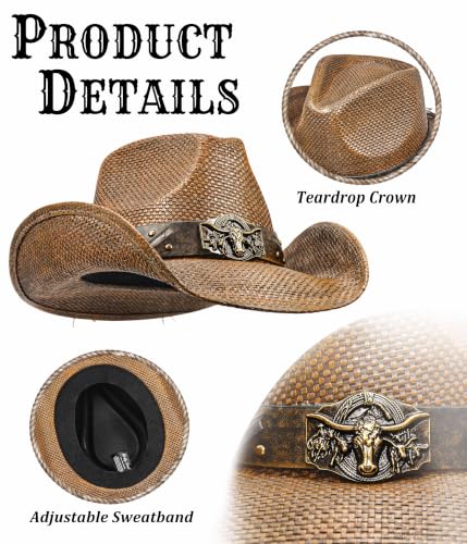 FLUFFY SENSE. Cowboy Hats for Women and Men - Distressed Straw Western Hat with Shapeable Brim for Cowboys and Cowgirls - color: Rustic Brown