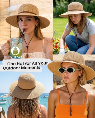 FURTALK Womens Wide Brim Sun Hat with Wind Lanyard UPF Summer Straw Sun Hats for Women - color: Khaki, size: Large-X-Large