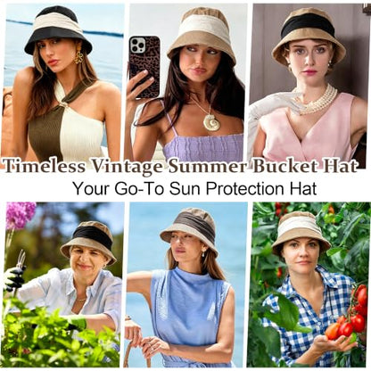Babalet Women Summer Bucket Sun Hat Lightweight Beach Faux Linen Blend Bucket Hat Adjustable Foldable UV Protection Beach Cap - color: Marled Khaki / Black Band