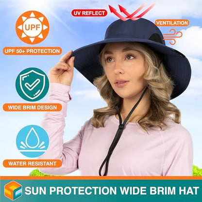 SUN CUBE Wide Brim Sun Hat for Men & Women, UPF 50+ UV Protection, Mesh Boonie Hat with Chin Strap, Fishing Hiking Hat - color: Navy