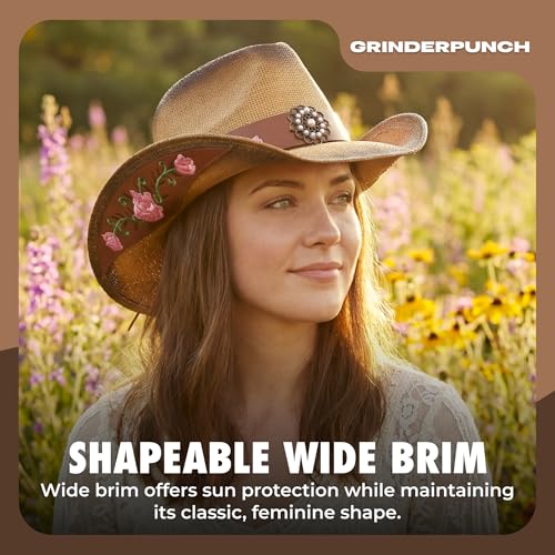 grinderPUNCH Straw Cowboy Hat for Men Women Western Cowgirl Outback Sun Hat - color: Leather