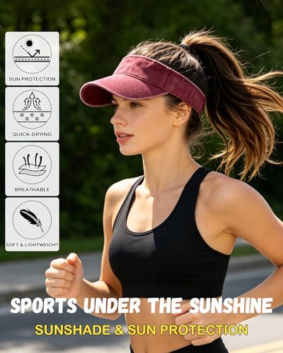 IYEBRAO 3 Pack Sun Visor Hat Sport Vintage Washed Adjustable Cotton Empty Top Ball Caps for Golf Running Tennis for Women&Men - color: Black+navy Blue+wine Red