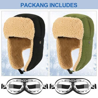 JaGely 4 Pcs Pilot Hat and Goggles Flight Costume Accessories Pilot Helmet Cap with Ear Flaps Hat Adults Winter - color: Green and Black, style: Classic