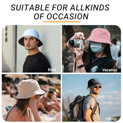 Bucket Hat for Men Women Cotton Sun Hats Unisex Packable Bucket Hats Summer Travel Beach Cap - color: Black/Beige(reversible), size: Small-Medium