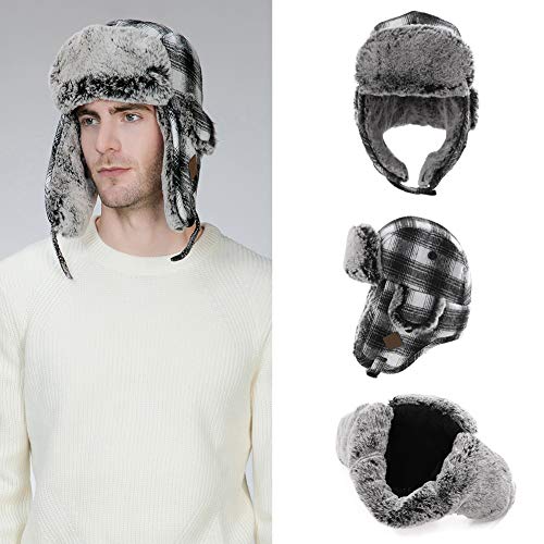 Jeff & Aimy Stylish Plaid Winter Wool Trapper Faux Fur Earflap Hunting Hat Ushanka Russian Cold Weather Thick Lined 55-61CM - color: White, size: Large