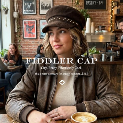 Funky Junque Greek Fisherman Newsboy Cap, Cotton Captains Bakerboy Hat - color: Studded Suede - Brown
