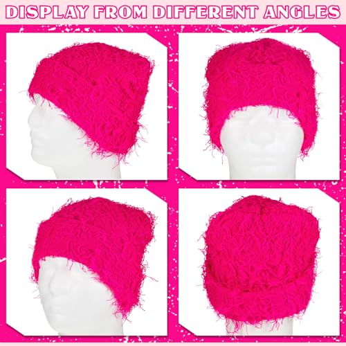 Chuarry Distressed Knitted Beanie Fuzzy Winter Hat - color: Rose Red
