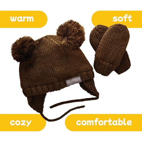 Knitted Colorful Double Pom-Pom Baby Hat and Mittens Set|Warm Winter Newborn Essentials for Boys and Girls 0-6 Months - color: Brown