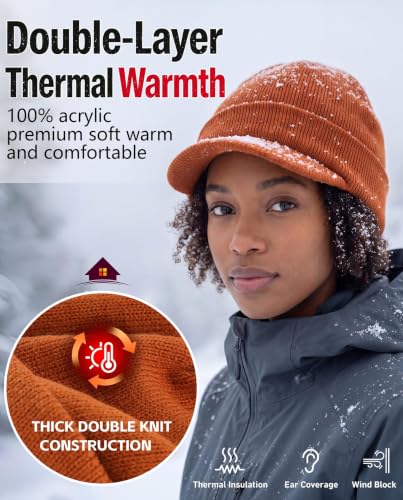 Home Prefer Men's Winter Beanie Hat with Brim Warm Double Knit Cuff Beanie Cap Watch Radar Hat - color: Pumpkin
