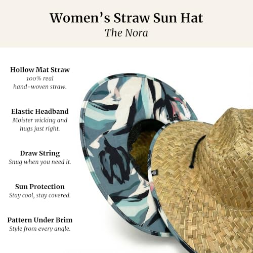 Women's Wide Brim Straw Sun Hat for Beach, Lifeguard Style, Hand-Woven Rush & Mat, Adjustable Chin Drawstring - color: The Nora