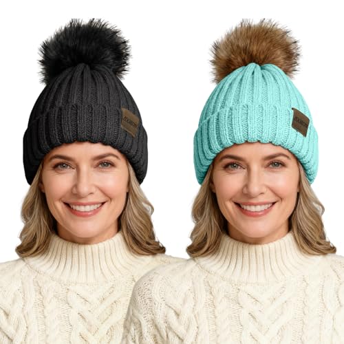 ZOORON Beanies for Womens Winter Knitted Beanies Hats with Faux Fur Pom Warm Knit Skull Cap - color: 2pack-black+lake Blue