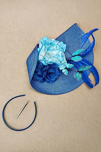 BABEYOND Tea Party Fascinator Hat for Women Kentucky Headwear Derby Wide Brim Butterfly Church Hat for Cocktail Wedding - color: Royal Blue