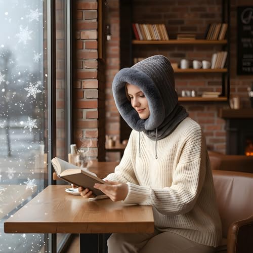 HUAMULAN Women Cable Knit Balaclavas Winter Fleece Lined Beanie Hat - color: Grey