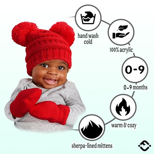 Funky Junque Baby Double Faux Fur Pom Pom Beanie & Mittens Set – Newborn Infant 0–9 Months Winter Hat with Soft Lined Mittens - color: Red (0-9 Months)