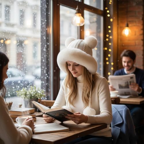HUAMULAN Women Winter Sherpa Knit Beanie Hats with Pom Poms Ear Flaps - color: M2754-naibai