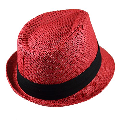 Gelante Summer Fedora Panama Straw Hats with Black Band - color: Red, size: Large-X-Large