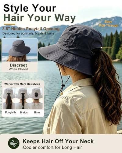 Womens Sun Hat Ponytail Packable UPF 50+ Waterproof Bucket Hat with Ponytail Hole for Beach Hiking Travel - color: Dark Grey