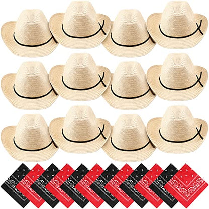 SATINIOR 12 Set Kids Cowboy Hats Bulk with Bandanas - color: Beige