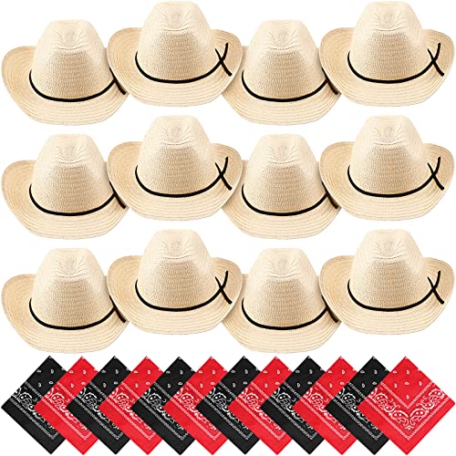 SATINIOR 12 Set Kids Cowboy Hats Bulk with Bandanas - color: Beige