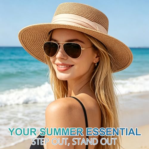 DRESHOW Women Straw Panama Hat Travel Fedora Beach Sun Hat Summer Wide Brim Straw Roll up Hats UPF 50+ - color: 1 Pack Boater Hat: Khaki With Beige Band