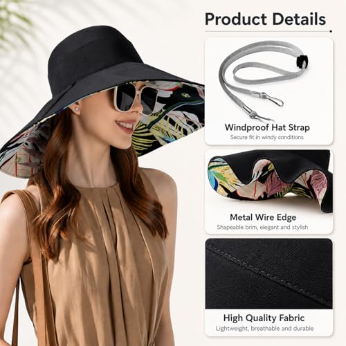 HUAMULAN Wide Brim Women Summer Sun Floppy Hat Reversible Beach Bucket Hat - color: Bg8240-black