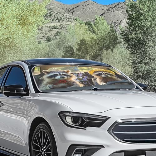 Renewold Car Windshield Sunshade, 2-Piece Set with UV and Heat Protection, Funny Raccoon Foldable Front Window Shade for Easy Daily Use and Storage - color: Raccoon Animal Driving