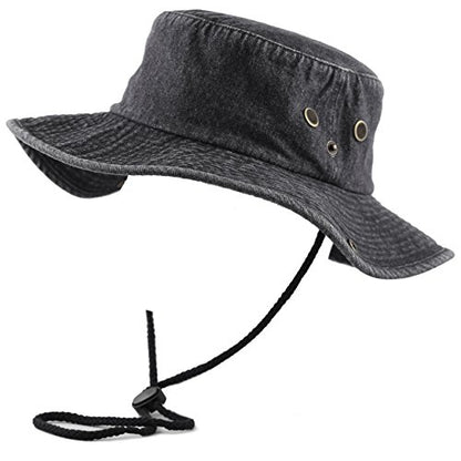 The Hat Depot Cotton Stone-Washed Safari Wide Brim Foldable Double-Sided Sun Boonie Bucket Hat - color: 4. Black Denim, size: Small-Medium