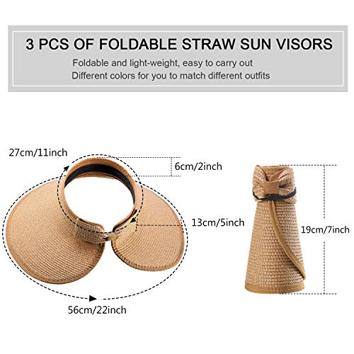 SATINIOR 3 Pcs Women Foldable Straw Sun Visor, Wide Brim Roll up Beach Hat