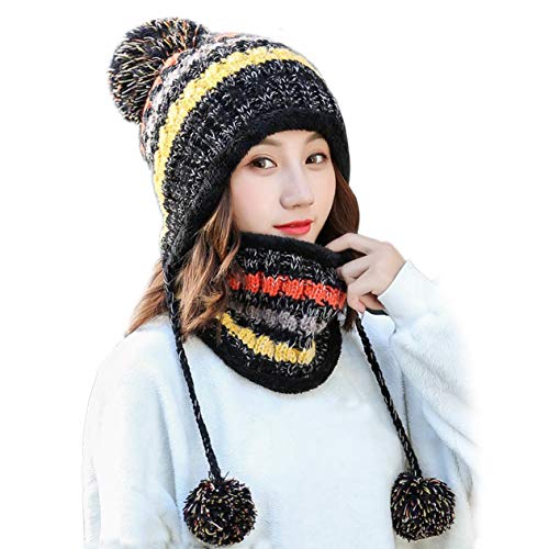 HUAMULAN Women Winter Knit Beanie Hat Circle Scarf Set Pompoms Ear Flaps - color: Black
