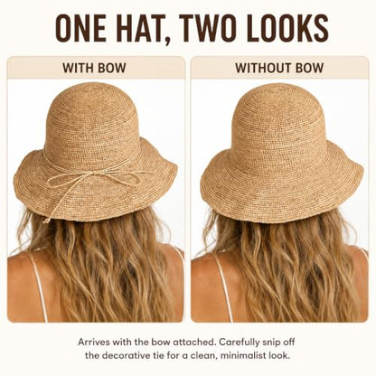 Natural Raffia Straw Bucket Hat for Women Sun Beach Handmade Raffia Woven Bucket Hat Foldable Summer Cap - color: Natural Raffia 3.1“（bow）