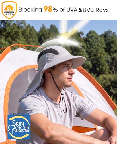 Home Prefer UPF 50+ Sun Hats for Men Women Wide Brim Fishing Hat with Neck Flap UV Protection Sunblock Safari Bucket Hat - color: Light Grey
