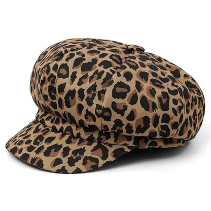 Newsboy Cabbie Baker boy hat Beret Cap for Women Pageboy Visor Paperboy Hat Sailor Fiddler Hat Adjustable - color: Leopard Khaki