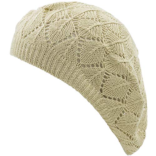 an Womens Lightweight Cut Out Knit Beanie Beret Cap Crochet Hat - Many Styles - color: Beige Diamond Stripe