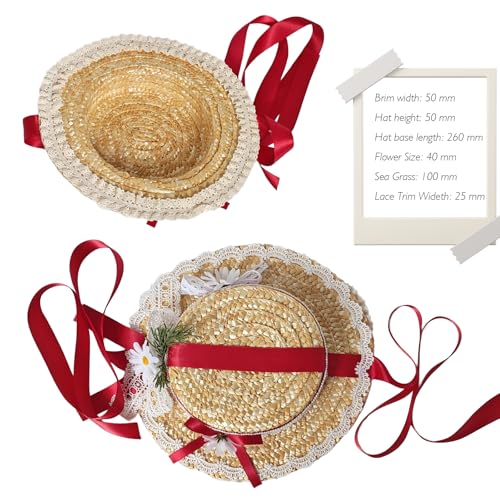 Victorian Tea Party Sun Hat, Wide Brim Straw Flat Cap - color: Red