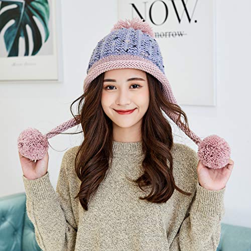 HUAMULAN Women Winter Sherpa Knit Beanie Hat Fleece Lined Ear Flaps - color: Lightgray