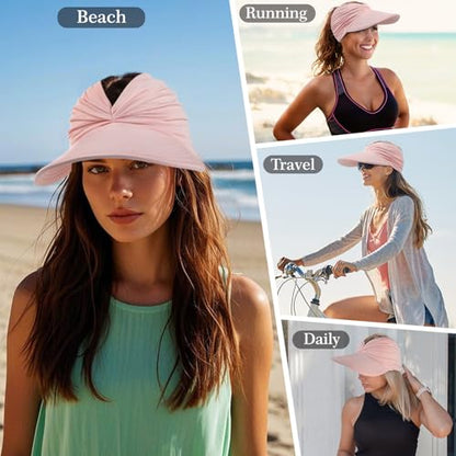 Sun Hats for Women, Wide Brim UV Protection Foldable Sun Visor Hats, UPF50+ - color: Pink
