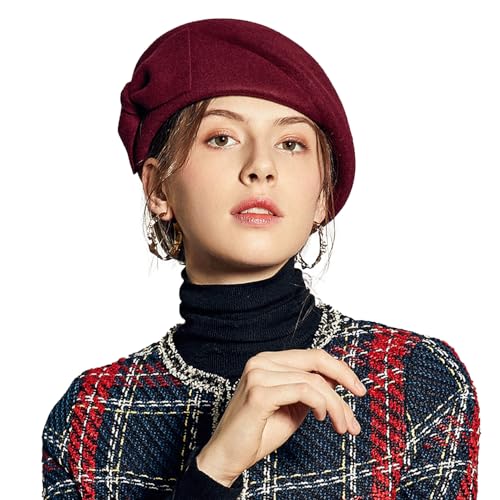 Wedding Hats for Women Vintage Wool Felt Berets Ladies Pearl Fascinator Autumn Winter Cap Bow Church Fedoras - color: Wine Red 1