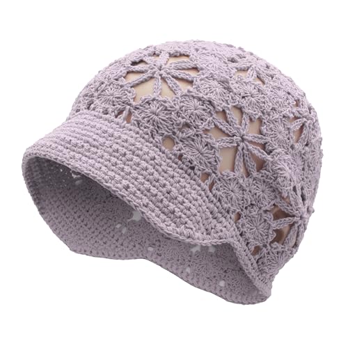 ZLYC Women Summer Slouchy Crochet Hat Handmade Cutout Skull Cap with Visor - color: Plain Light Purple, size: One Size